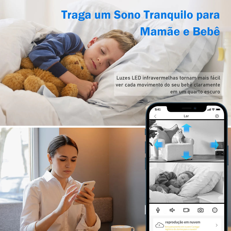 Câmera de segurança WiFi para casa. Sua câmera inteligente sem fio e uma ótima baba eletrônica com visão noturna.